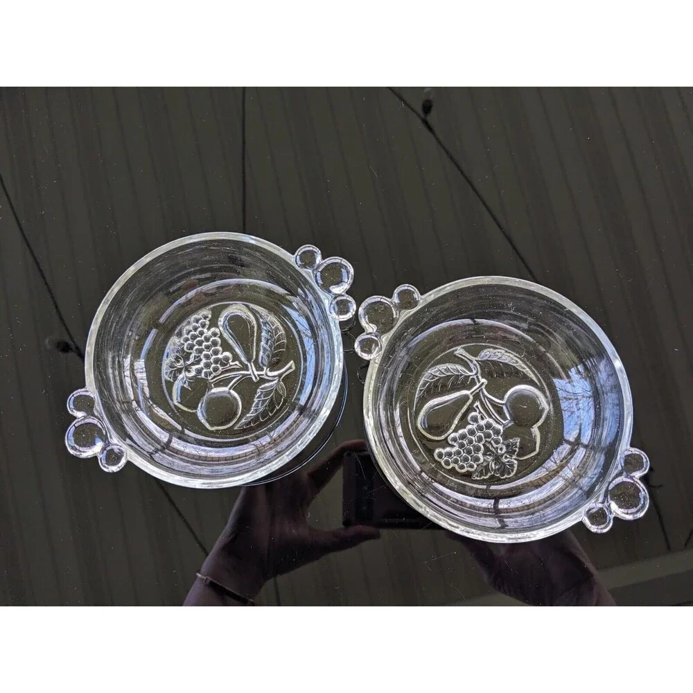 Vintage Clear Pressed Glass Berry/ Dessert Bowl Set Of Two Bottom Bubble Handles